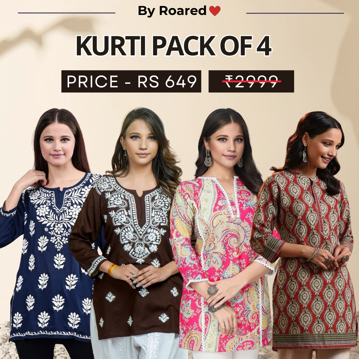 4 Combo Pack Cotton Short Kurtis | Summer Cotton Bliss | 3/4 Sleeve