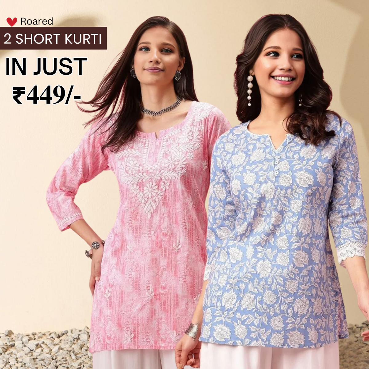 2-Pack Cotton Short Kurtis | Summer Cotton Bliss | 3/4 Sleeve