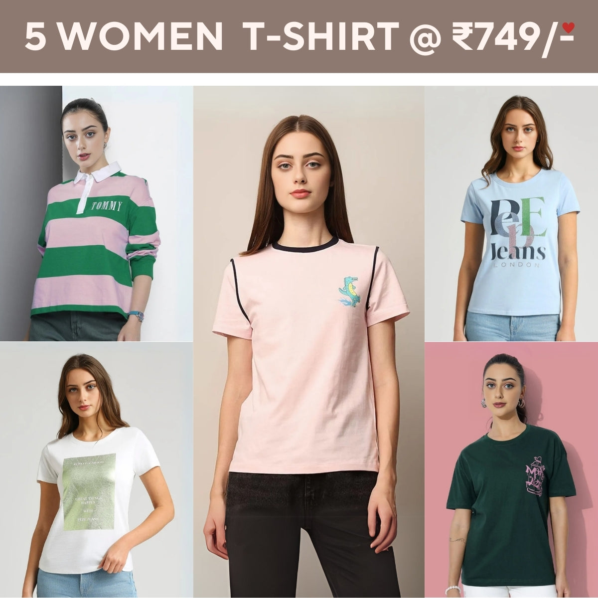 Pack Of 5 Tees for Women : Perfect Fit | High-Quality