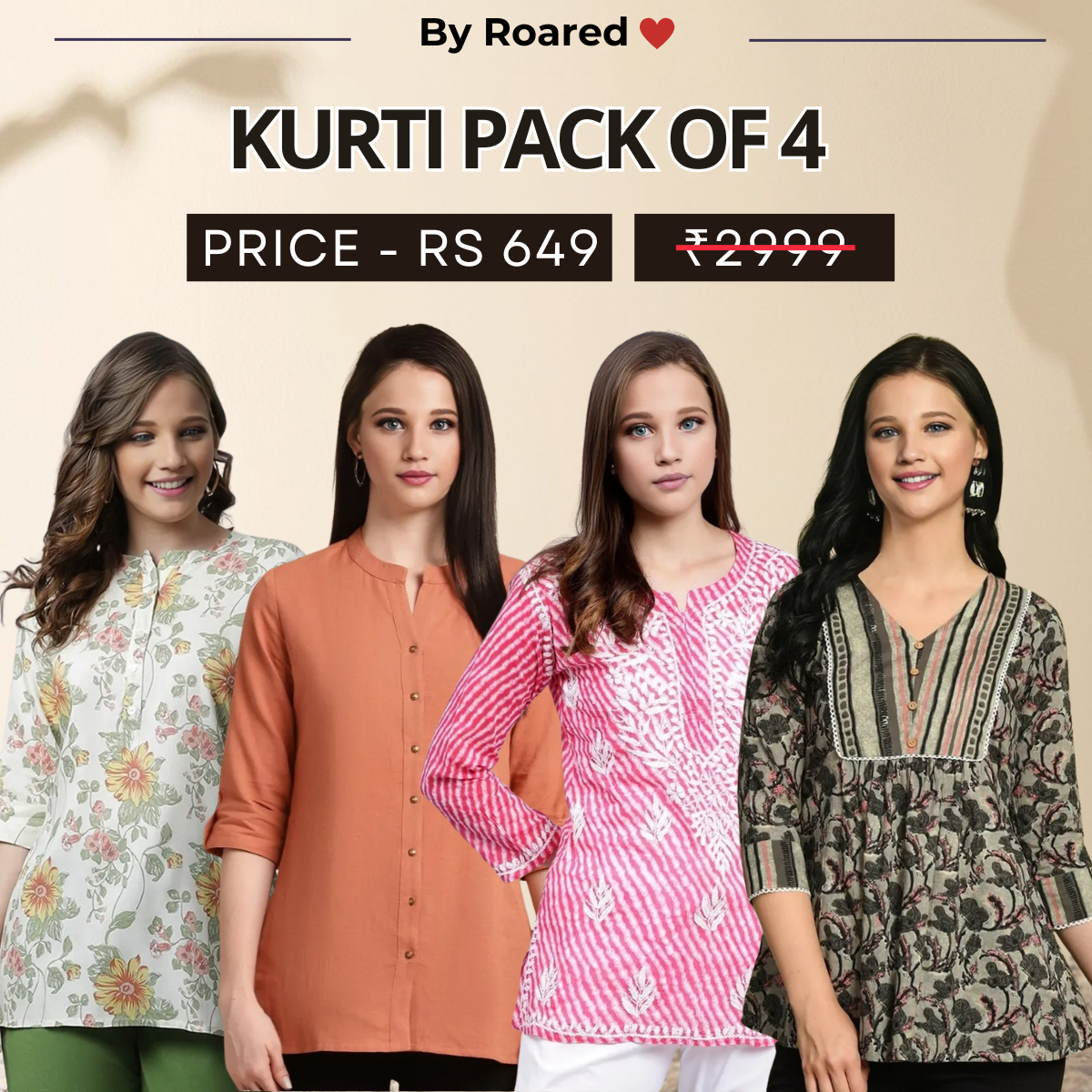4 Combo Pack Cotton Short Kurtis | Summer Cotton Bliss | 3/4 Sleeve