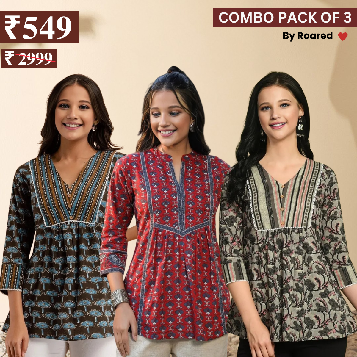 3 Combo Pack Cotton Short Kurtis | Summer Cotton Bliss | 3/4 Sleeve